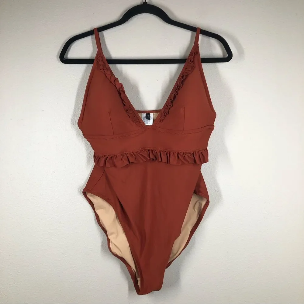 J Crew Ruffle Deep V One Piece Swimsuit Rock Red Size 14